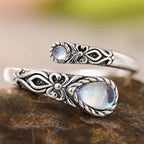 Adjustable aged-look ring with two moonstones
