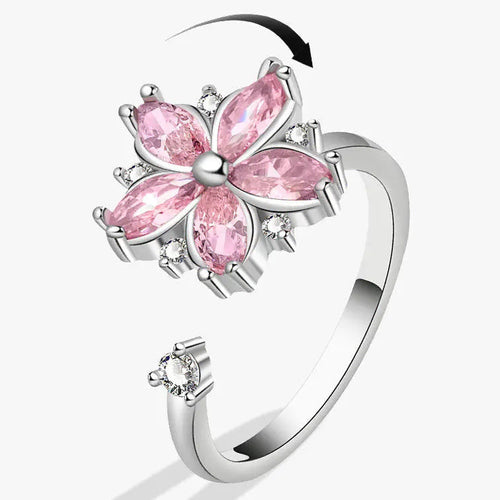 Bague ajustable avec fleur rotative anti-stress en cristaux roses