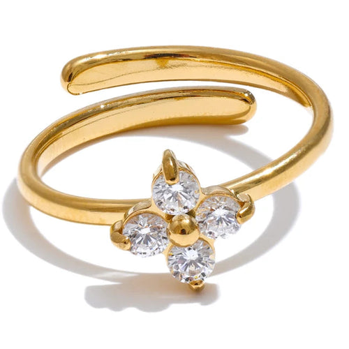 Bague ajustable trèfle et strass or