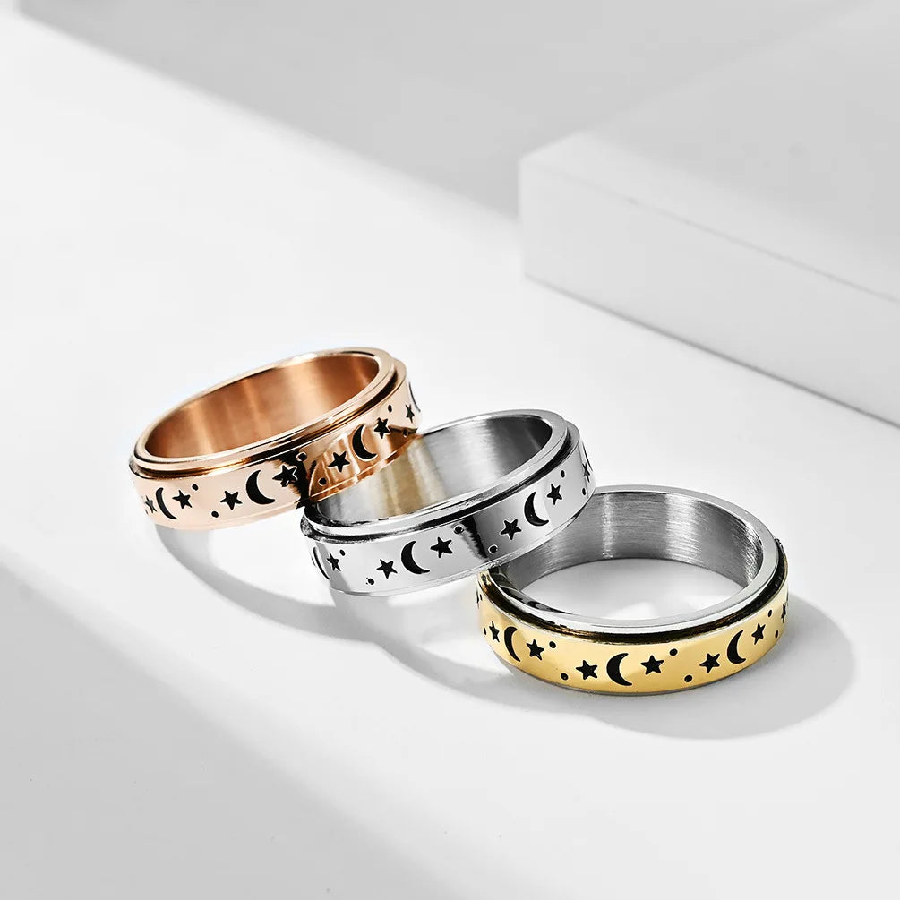 Ring Anti-Stress drehbar Sterne und Monde Silber