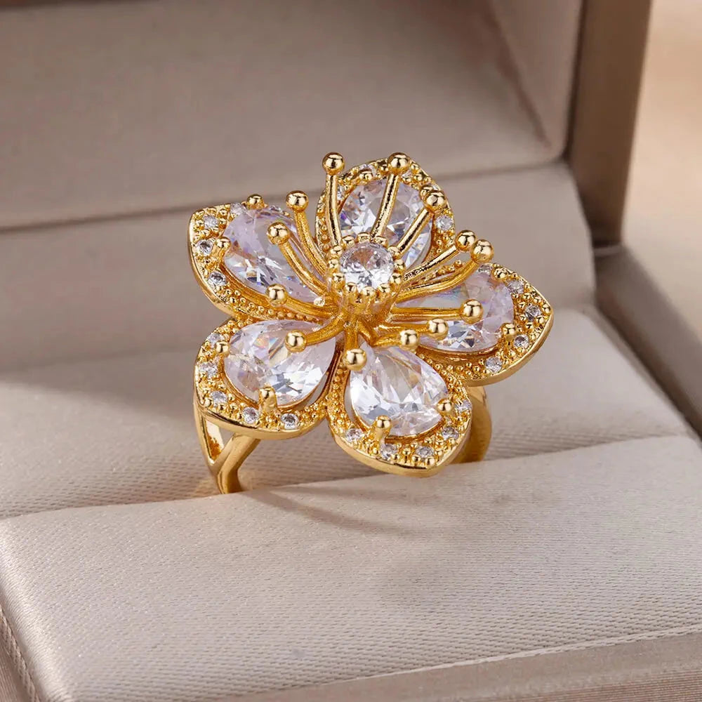 Ring Blumenring 5 Blütenblätter aus weißem Zirkon