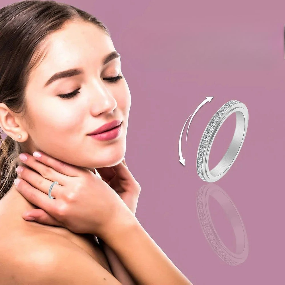 Bague Anneau Tournant Anti-Stress avec Zircon argent