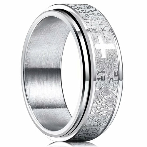 Bague anti-stress rotative avec croix chrétienne argent