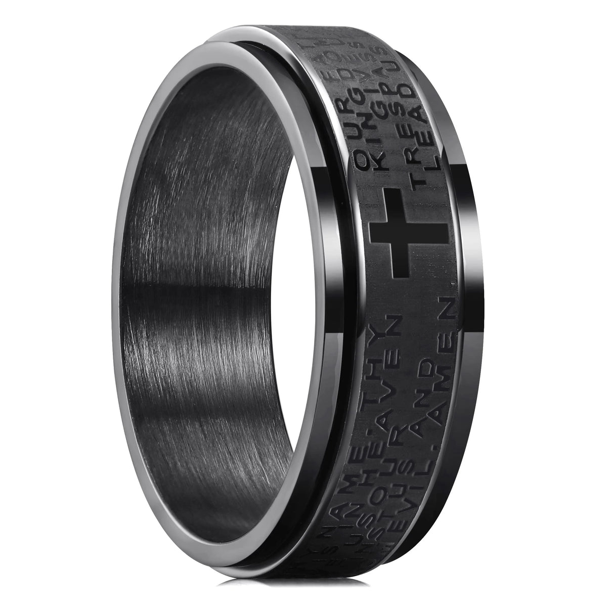 Bague anti-stress rotative avec croix chrétienne noir