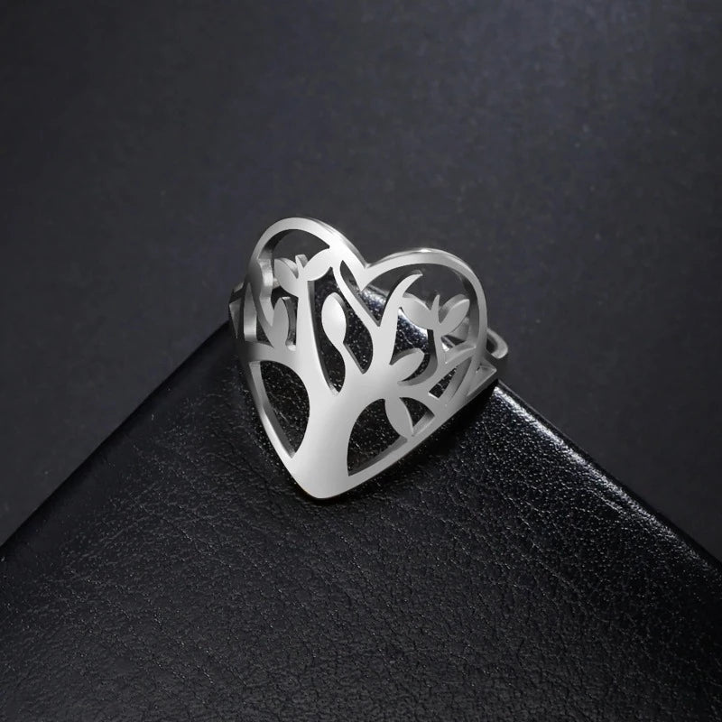 Women's Tree of Life Ring Heart Band silver