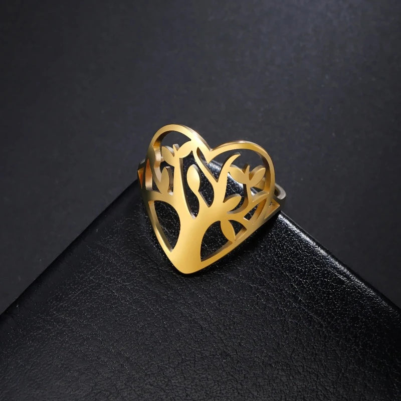 Women's Tree of Life Ring Heart Band gold