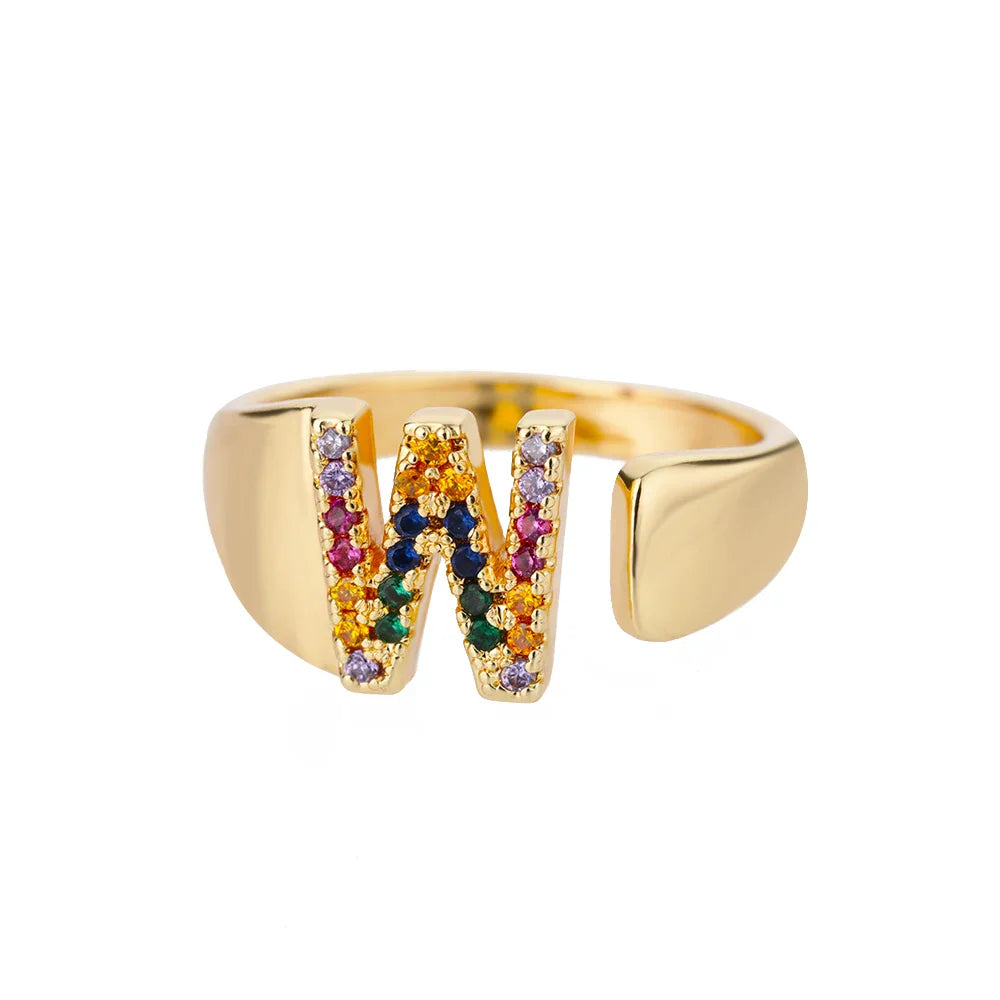 Bague large personnalisée avec initiale arc-en-ciel w