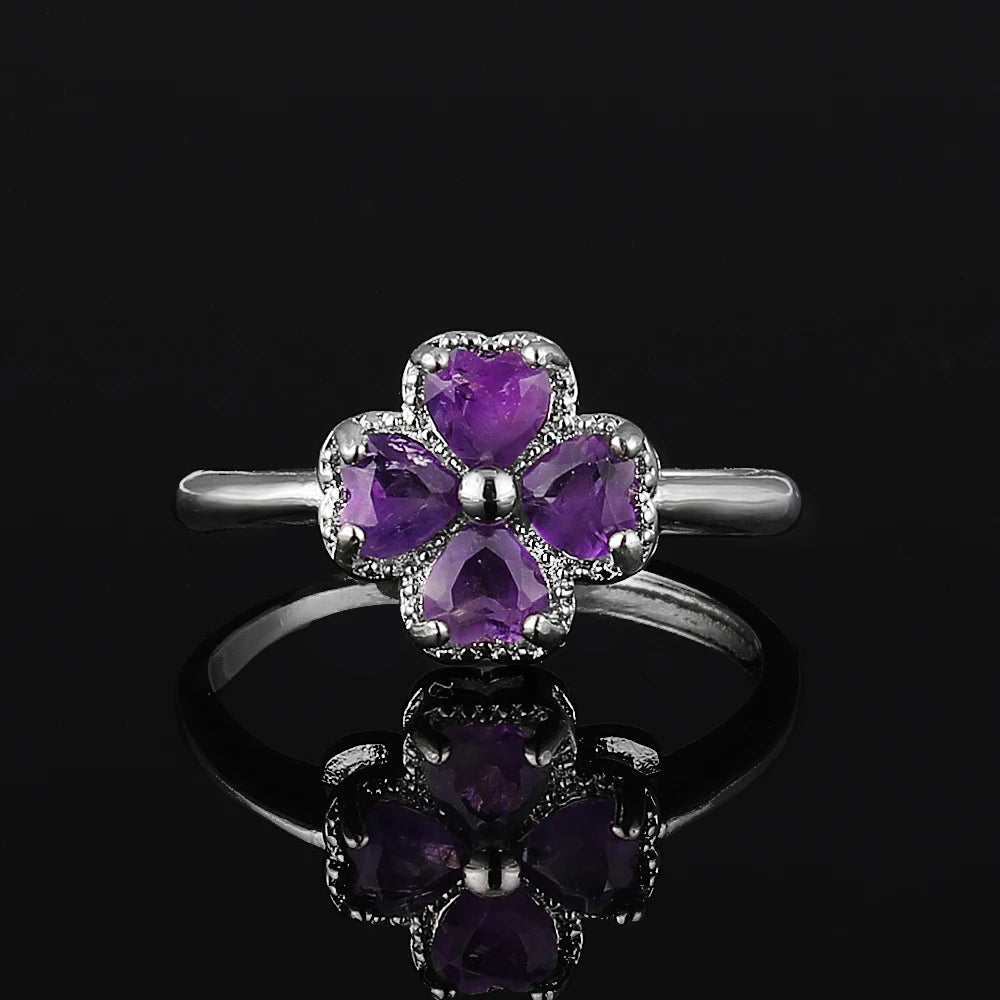 Bague avec Trèfle à 4 Feuilles en Pierre d'Améthyste
