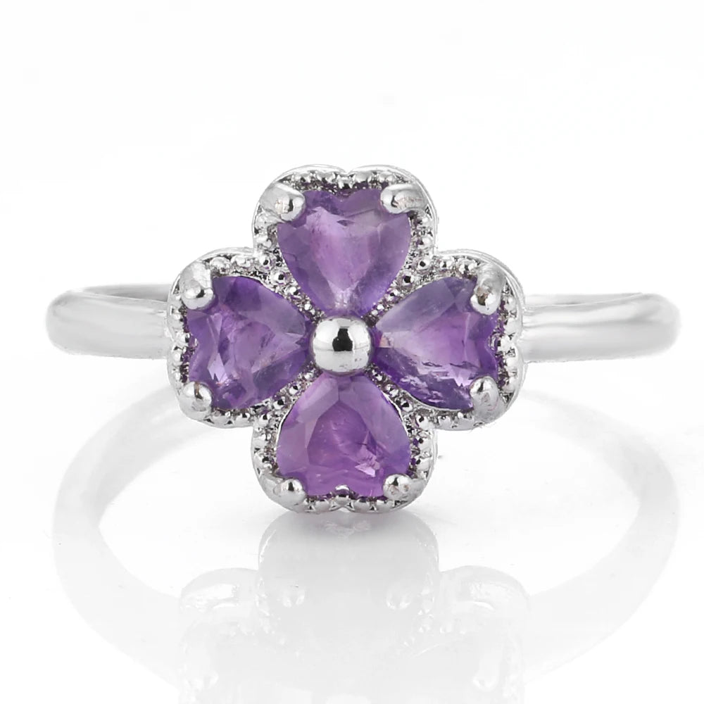 Bague avec Trèfle à 4 Feuilles en Pierre d'Améthyste