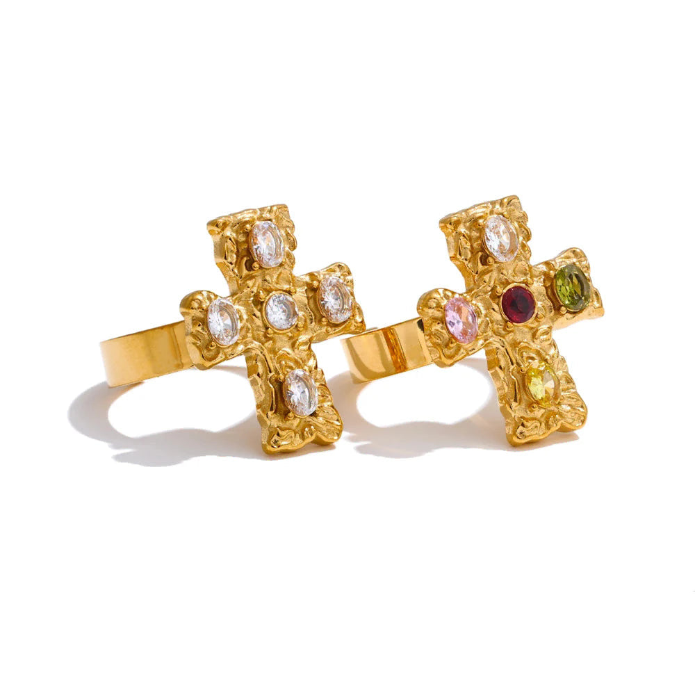 Bague croix aux pierres multicolores multicolore