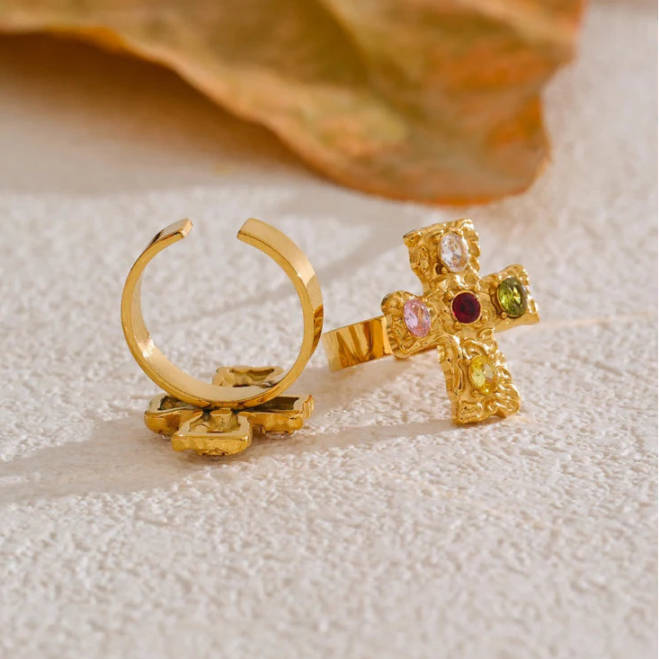 Bague croix aux pierres multicolores