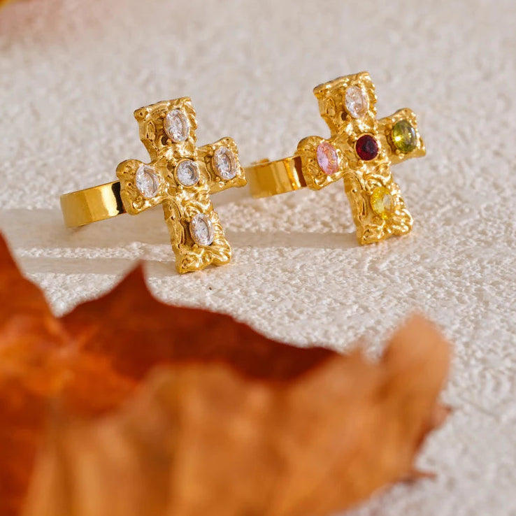 Bague croix aux pierres multicolores blanc