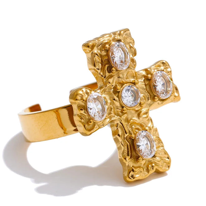 Bague croix aux pierres multicolores blanc