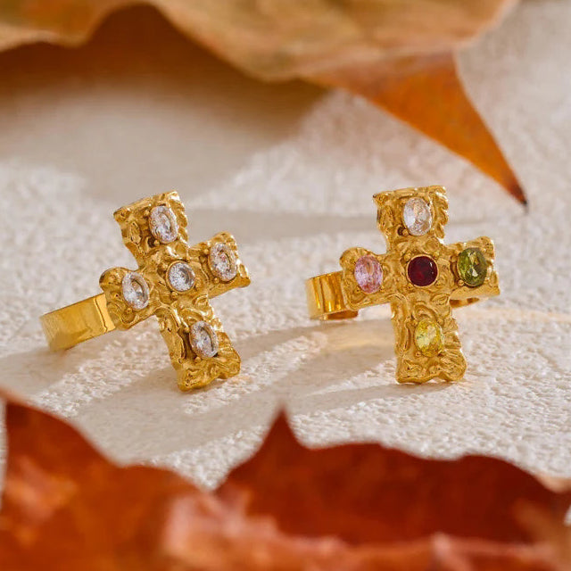 Bague croix aux pierres multicolores