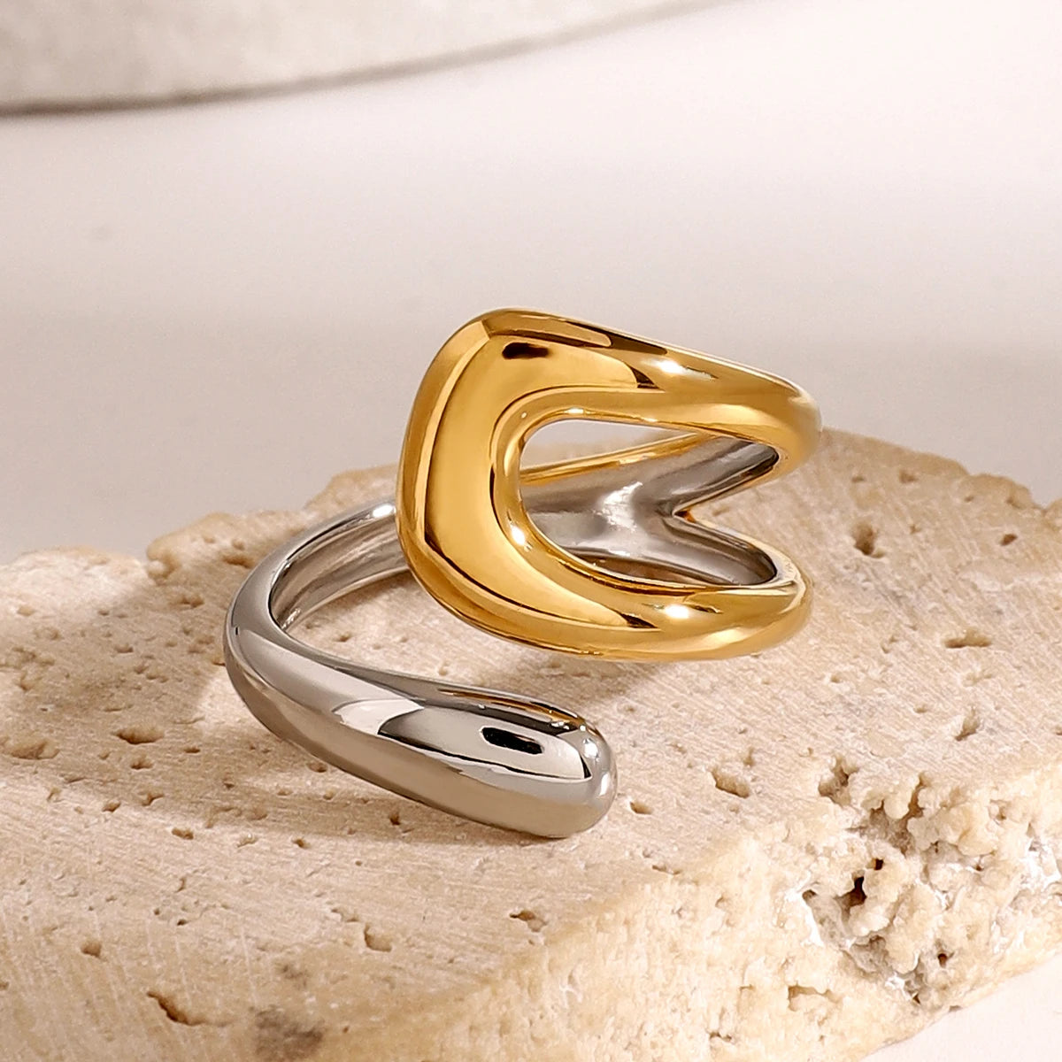 Bague Dorée et Argentée Anneau Goutte d'Eau Creuse