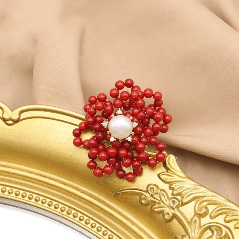 Bague en Forme de Fleur de Corail et Perles