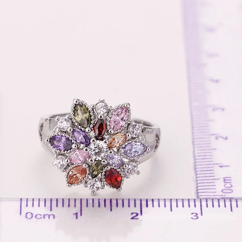 Bague fleur avec cristaux multicolores