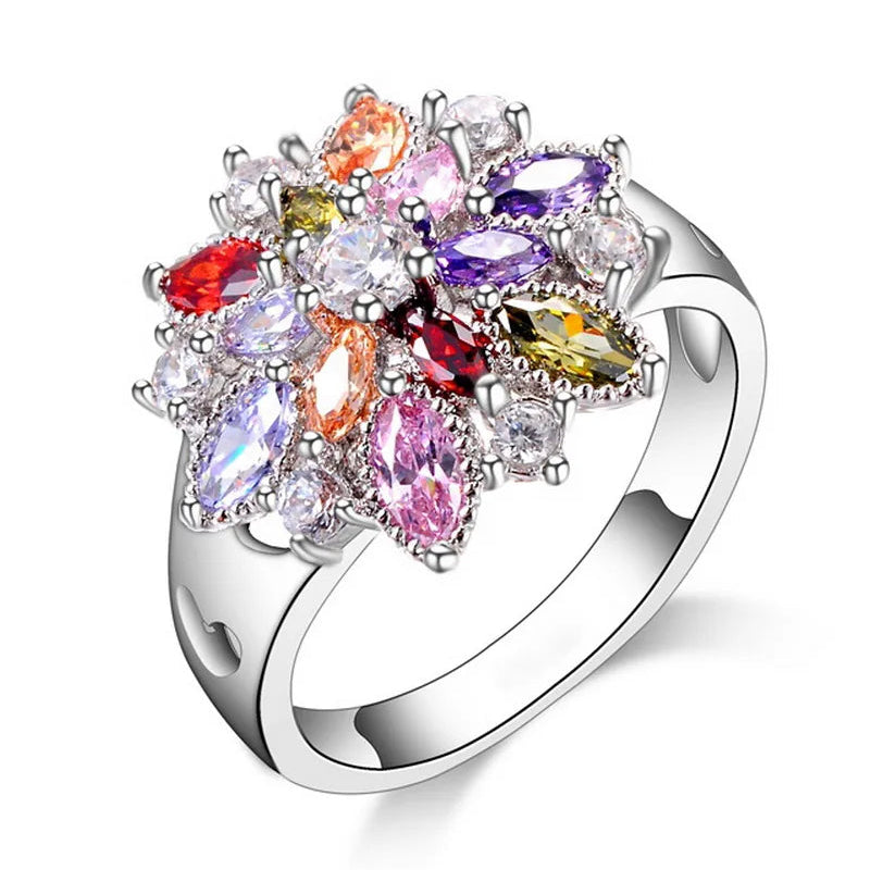 Bague fleur avec cristaux multicolores