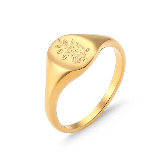 Bague fleur sauvage gravée feuille de thé