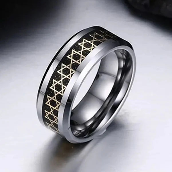 Bague large pour homme avec étoiles de David symbole juif noir