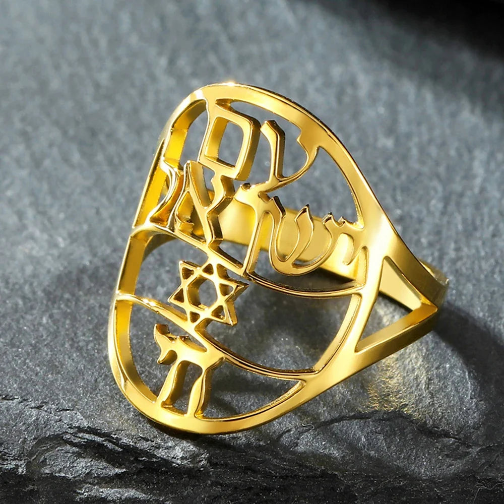 Anello simbolico ebraico con incisione in ebraico stella di David e Haï Chai oro