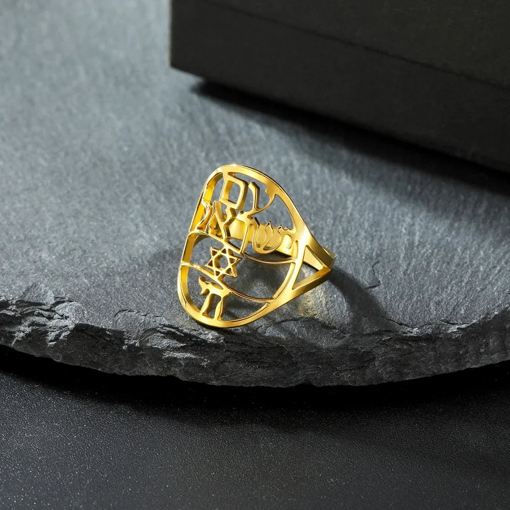 Anello simbolico ebraico con incisione in ebraico stella di David e Haï Chai oro