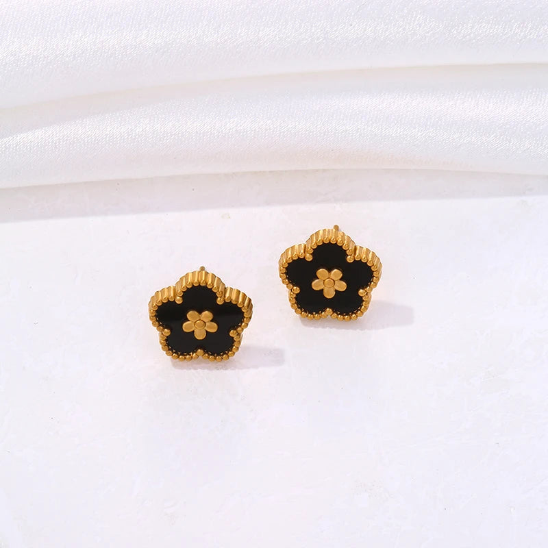 Boucles d'Oreilles Clou avec Trèfle à 5 Feuilles noir