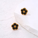 Boucles d'Oreilles Clou avec Trèfle à 5 Feuilles noir