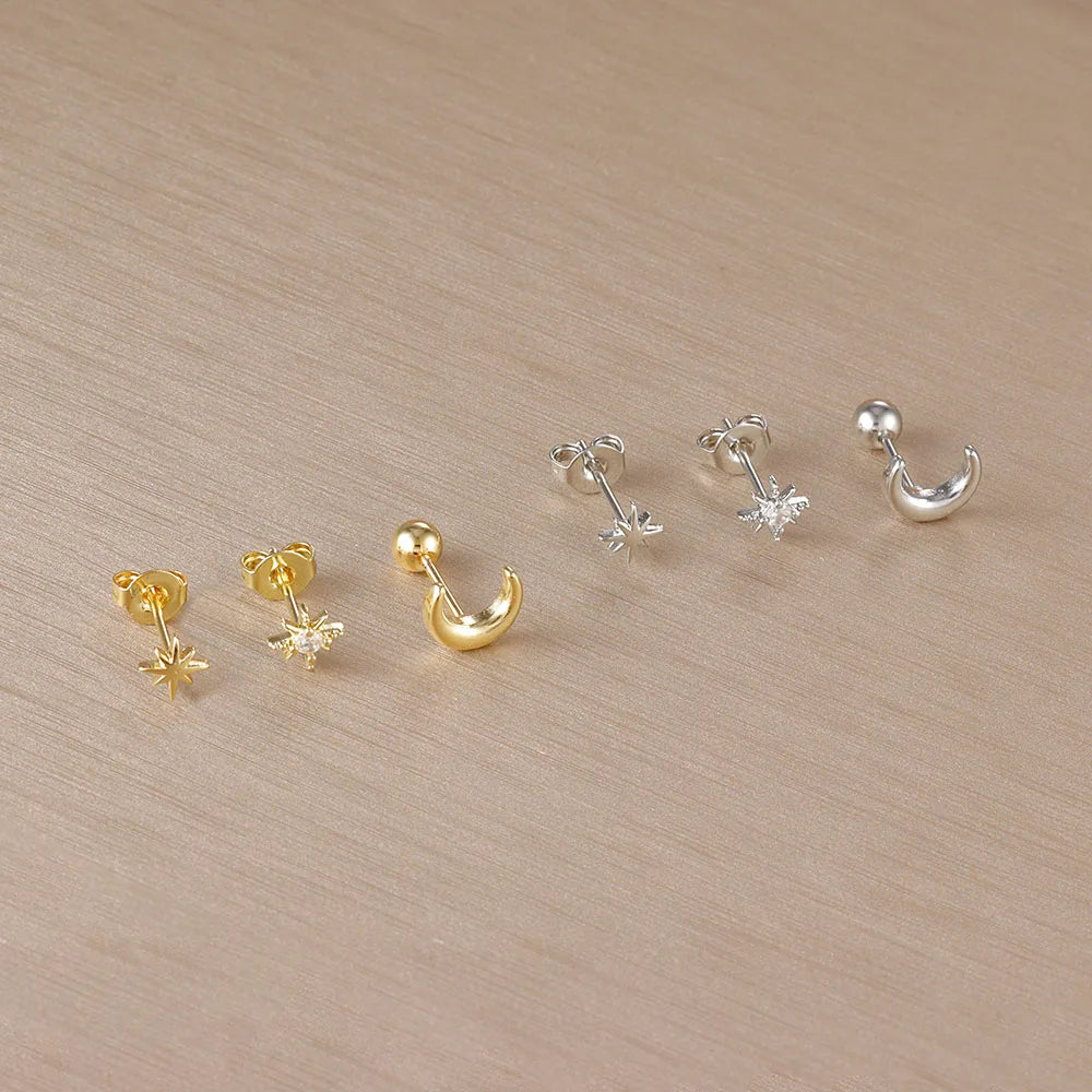 Boucles d'Oreilles Clou Croissant de Lune et Etoiles argent