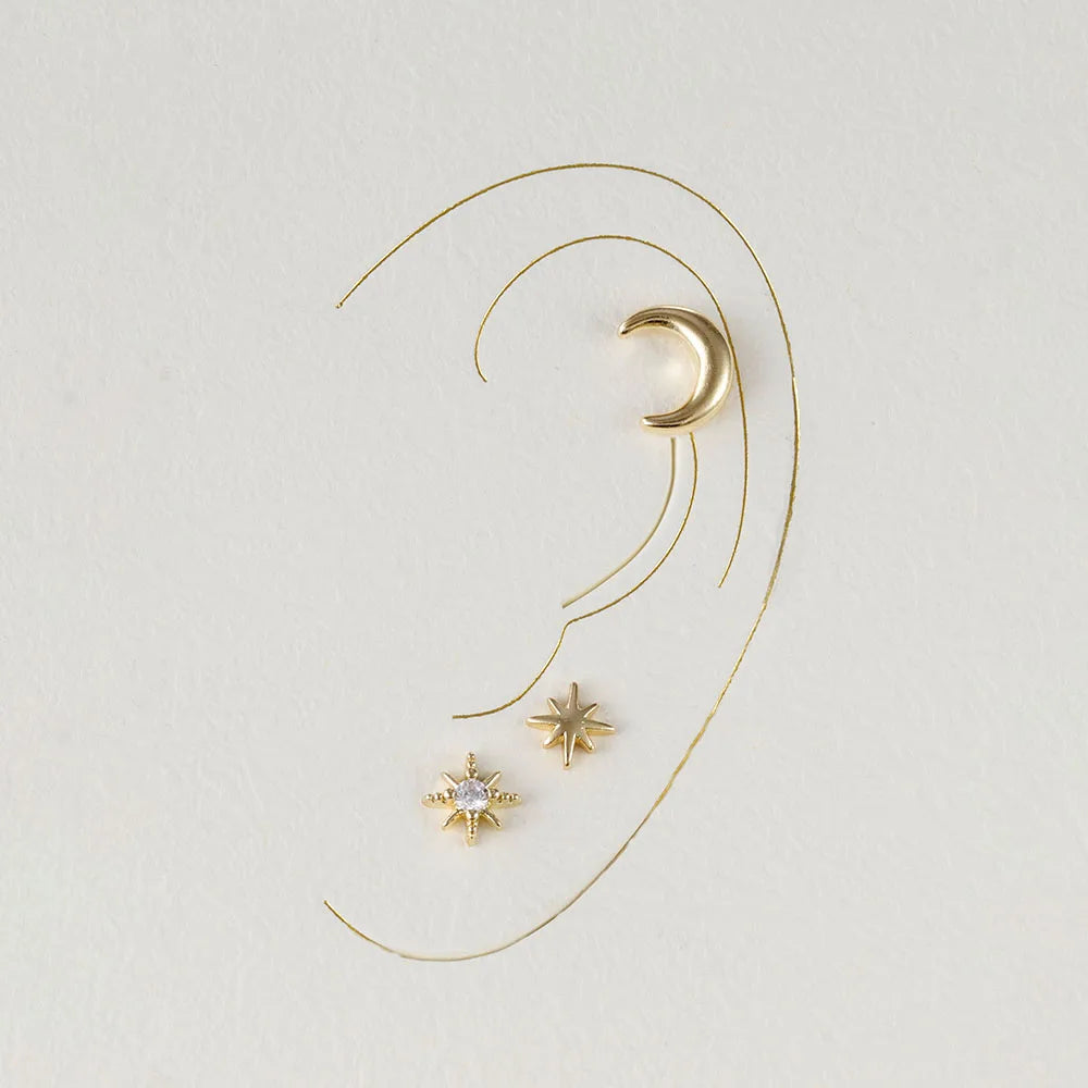 Boucles d'Oreilles Clou Croissant de Lune et Etoiles 