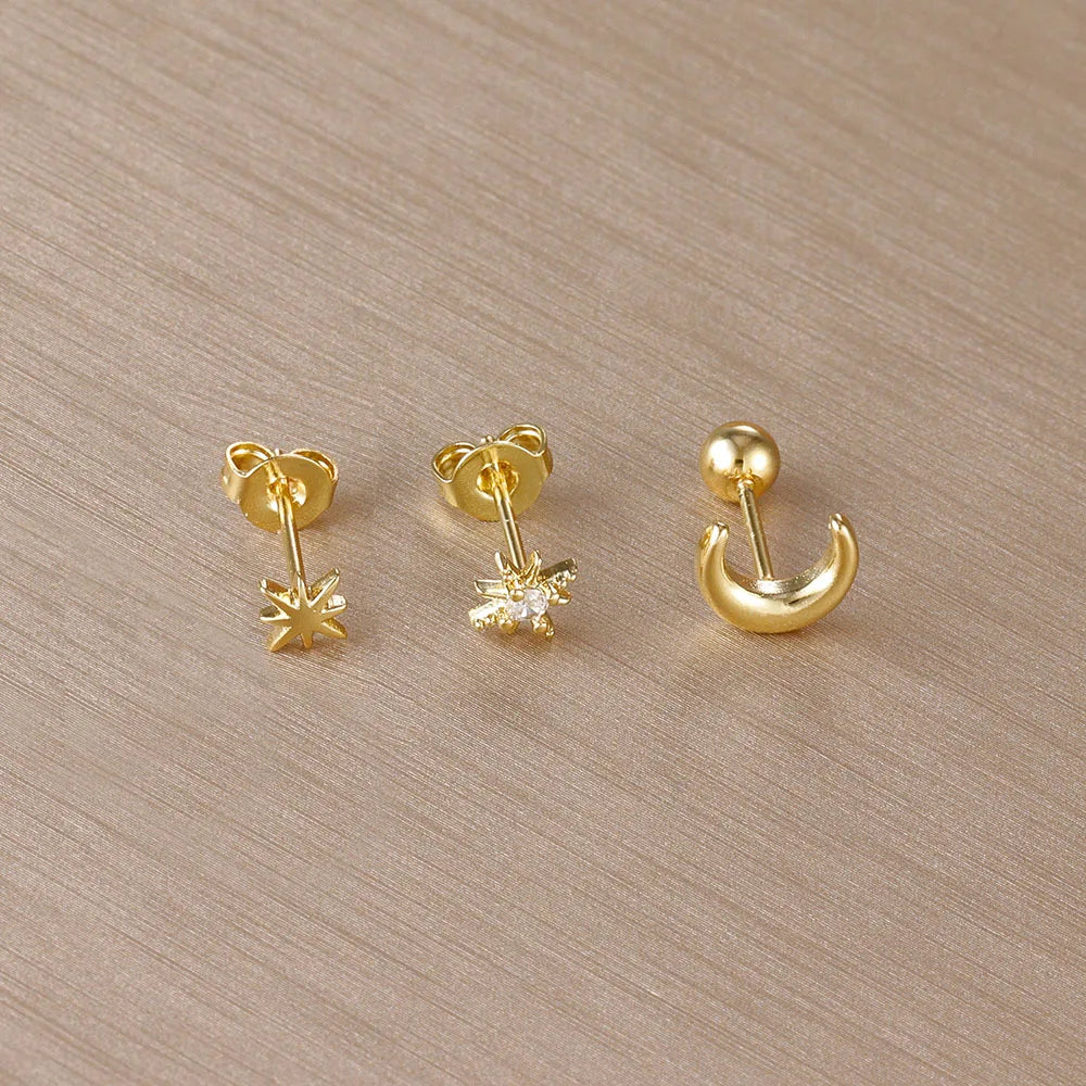 Boucles d'Oreilles Clou Croissant de Lune et Etoiles or
