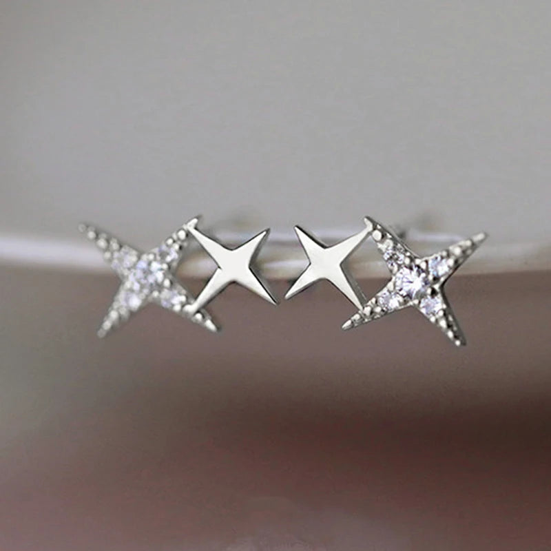 Boucles d'Oreilles Clou Doubles Etoiles et Zircon argent