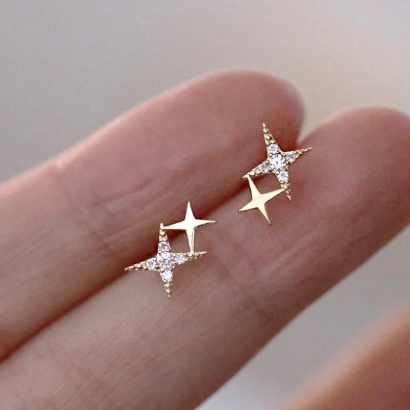 Boucles d'Oreilles Clou Doubles Etoiles et Zircon or