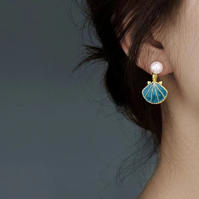 Pendientes de Conchas Saint-Jacques Azules Concha