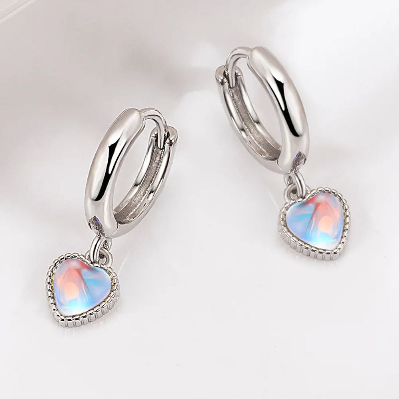 Boucles d'Oreilles Créoles Coeur Pierre de Lune