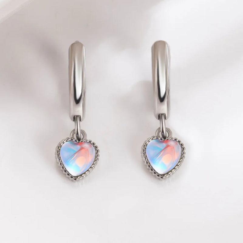 Boucles d'Oreilles Créoles Coeur Pierre de Lune