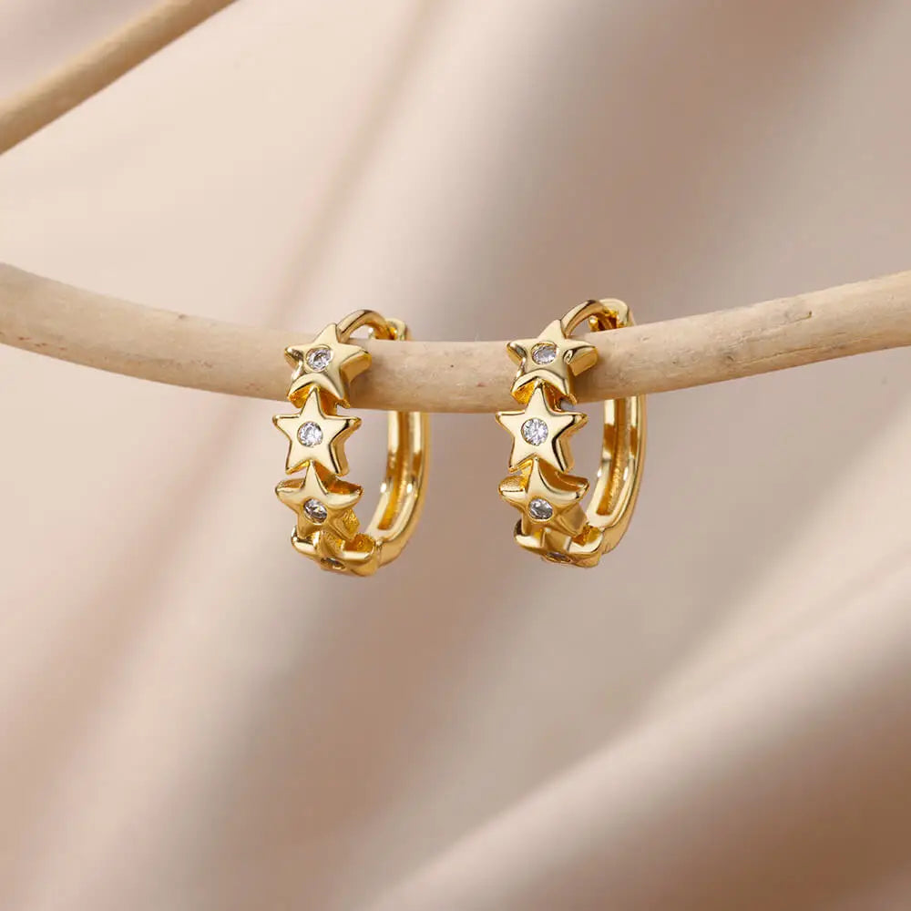 Boucles d'Oreilles Créoles Etoiles avec Zircon or