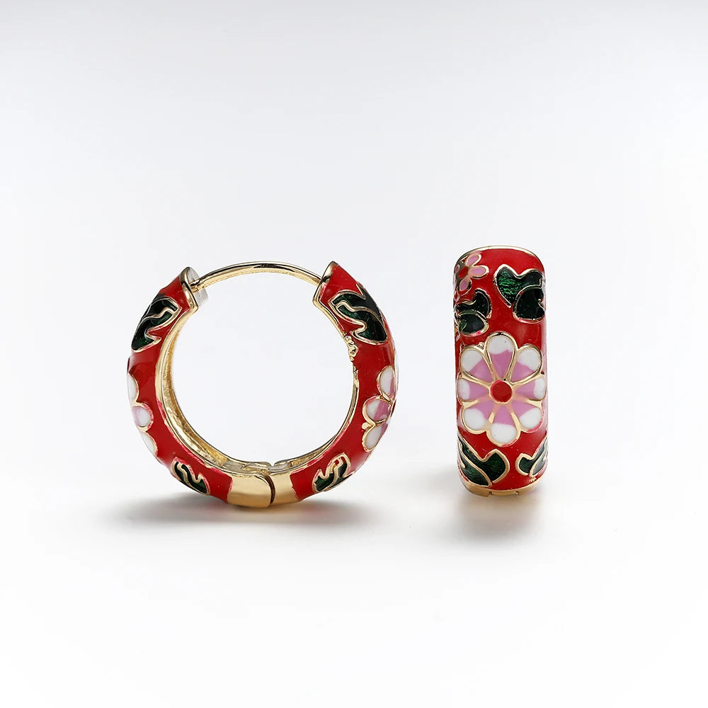 Boucles d'oreilles créoles fleurs de roses émaillées rouge