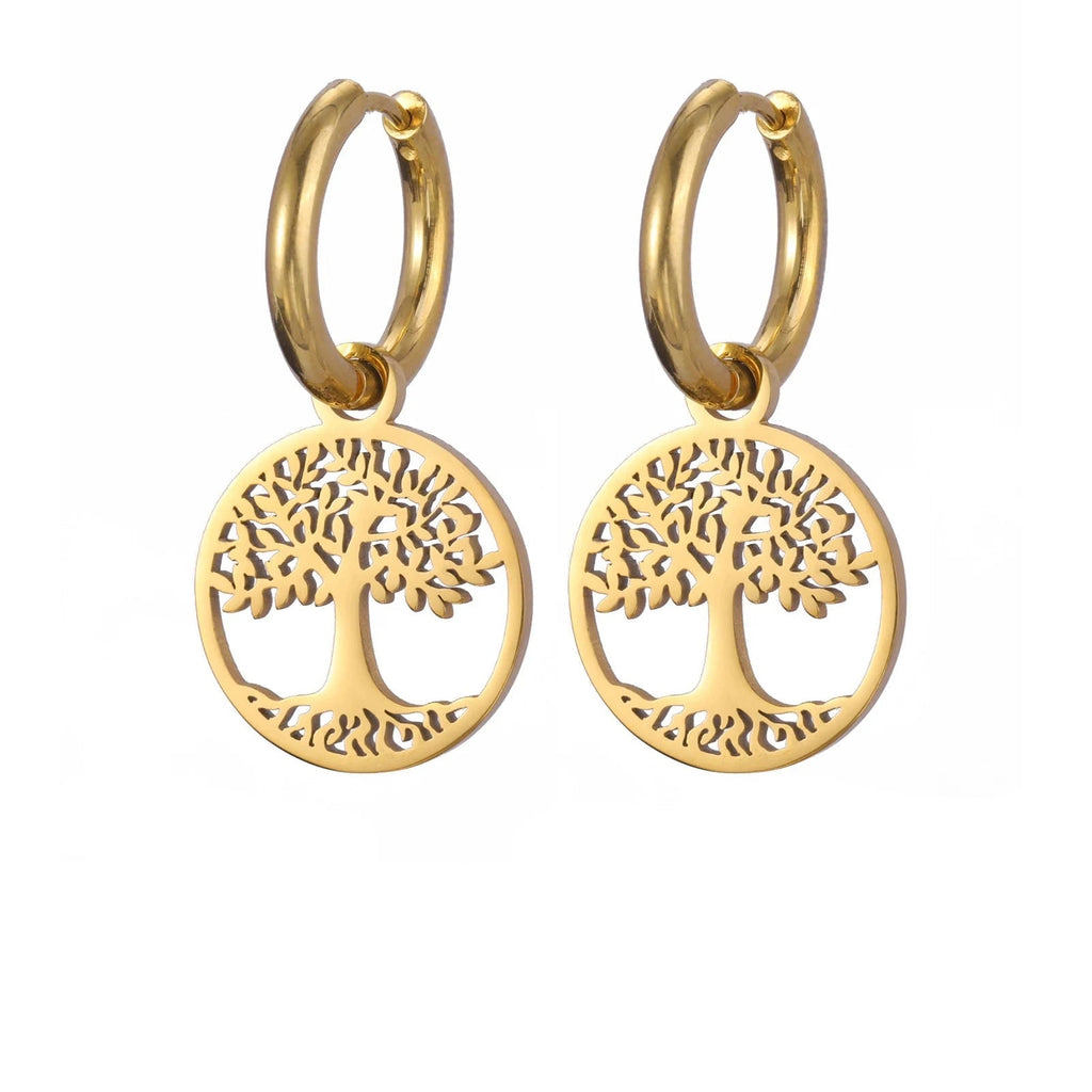 Women's Gold Tree of Life Dangle Hoop Earrings