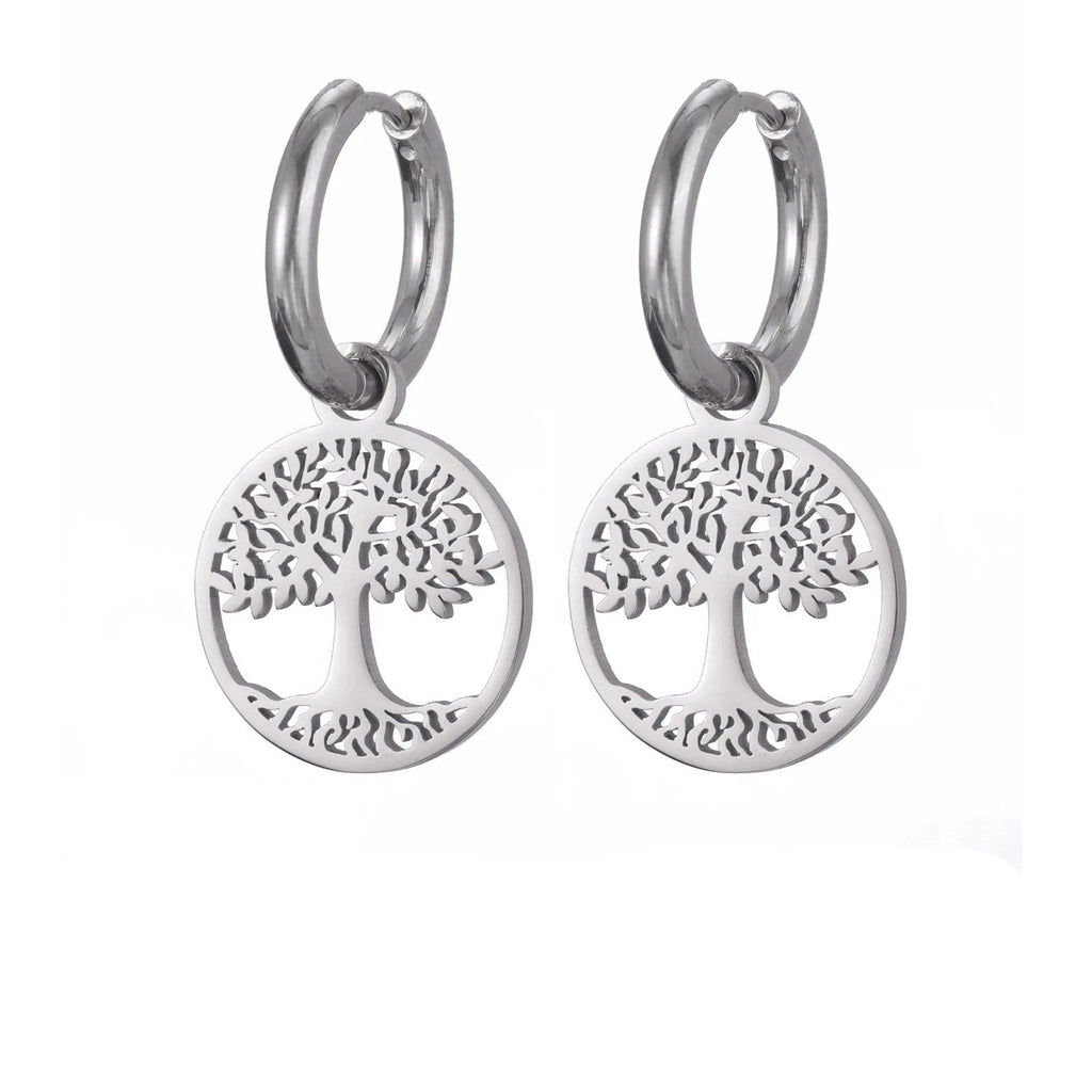 Women's Silver Tree of Life Dangle Hoop Earrings