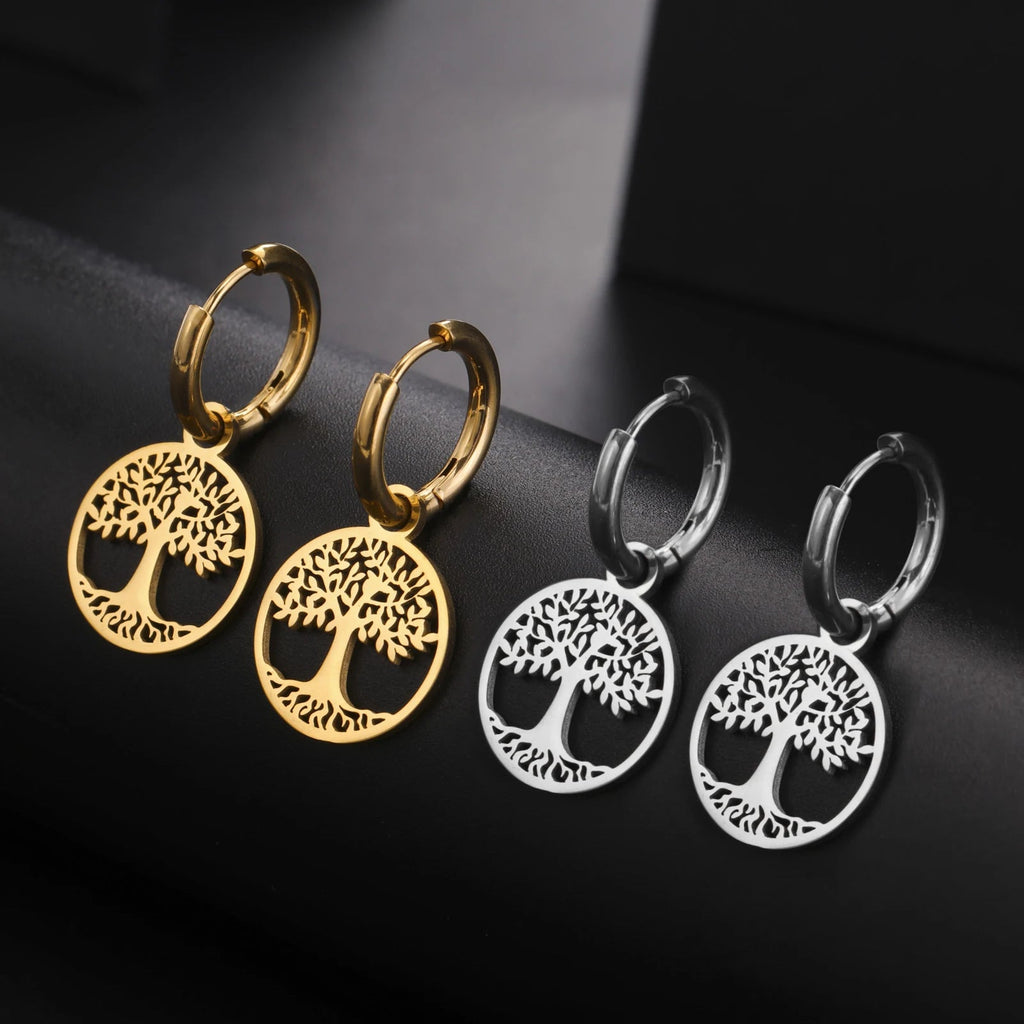 Women's Silver Tree of Life Dangle Hoop Earrings