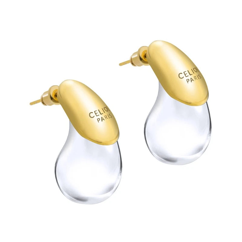 Orecchini a perno goccia d'acqua trasparente oro