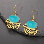 Oriental earrings Arabic calligraphy and turquoise stone gold