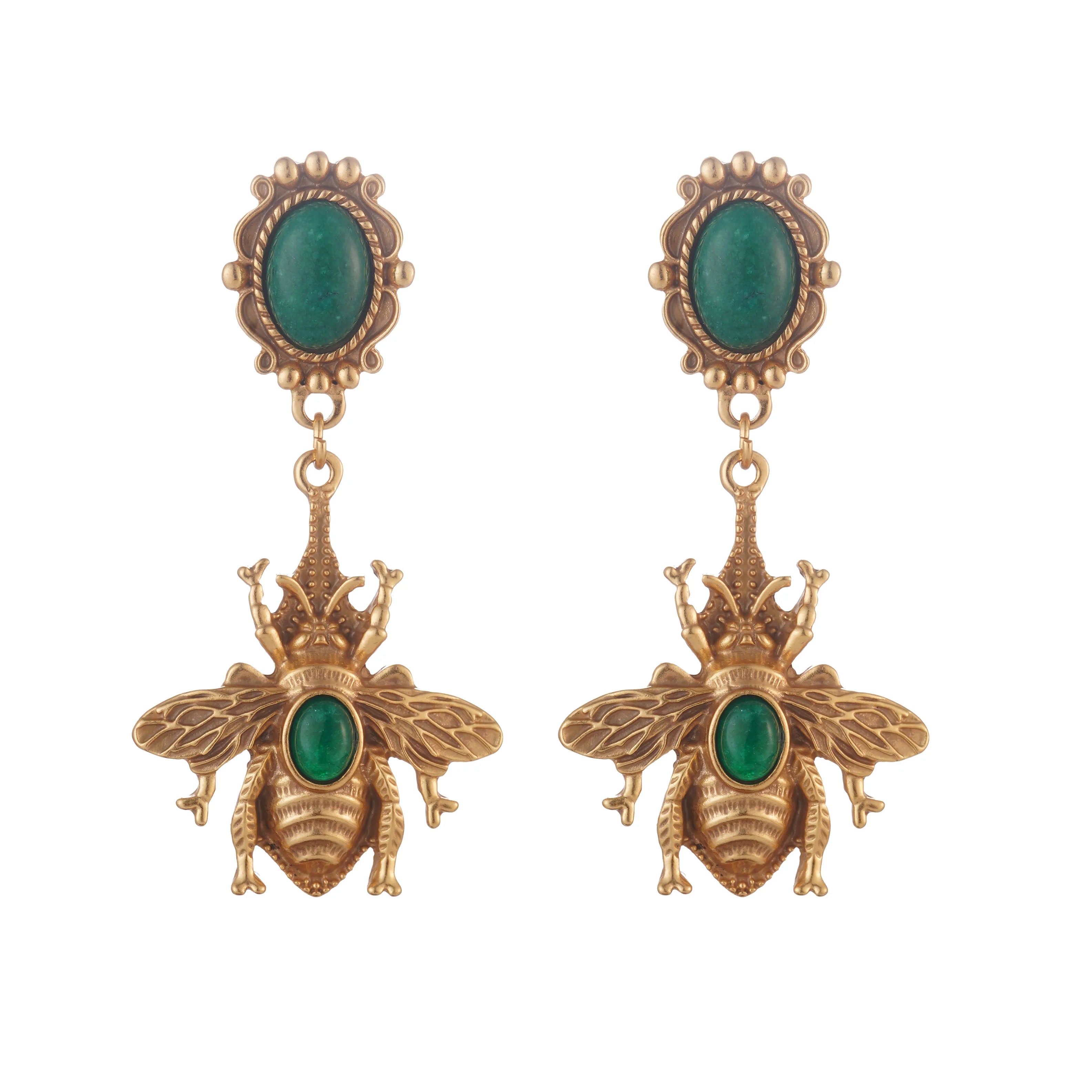 Green bee drop earrings