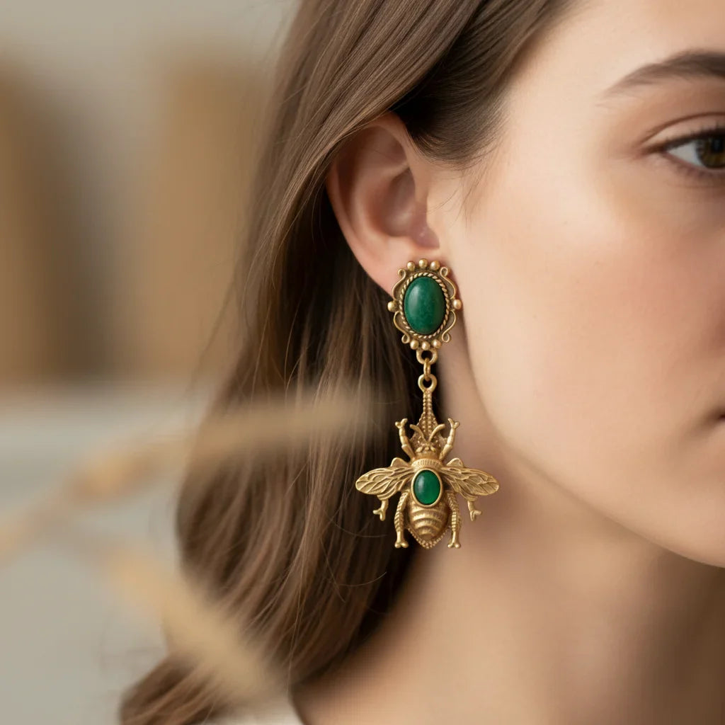 Green bee drop earrings