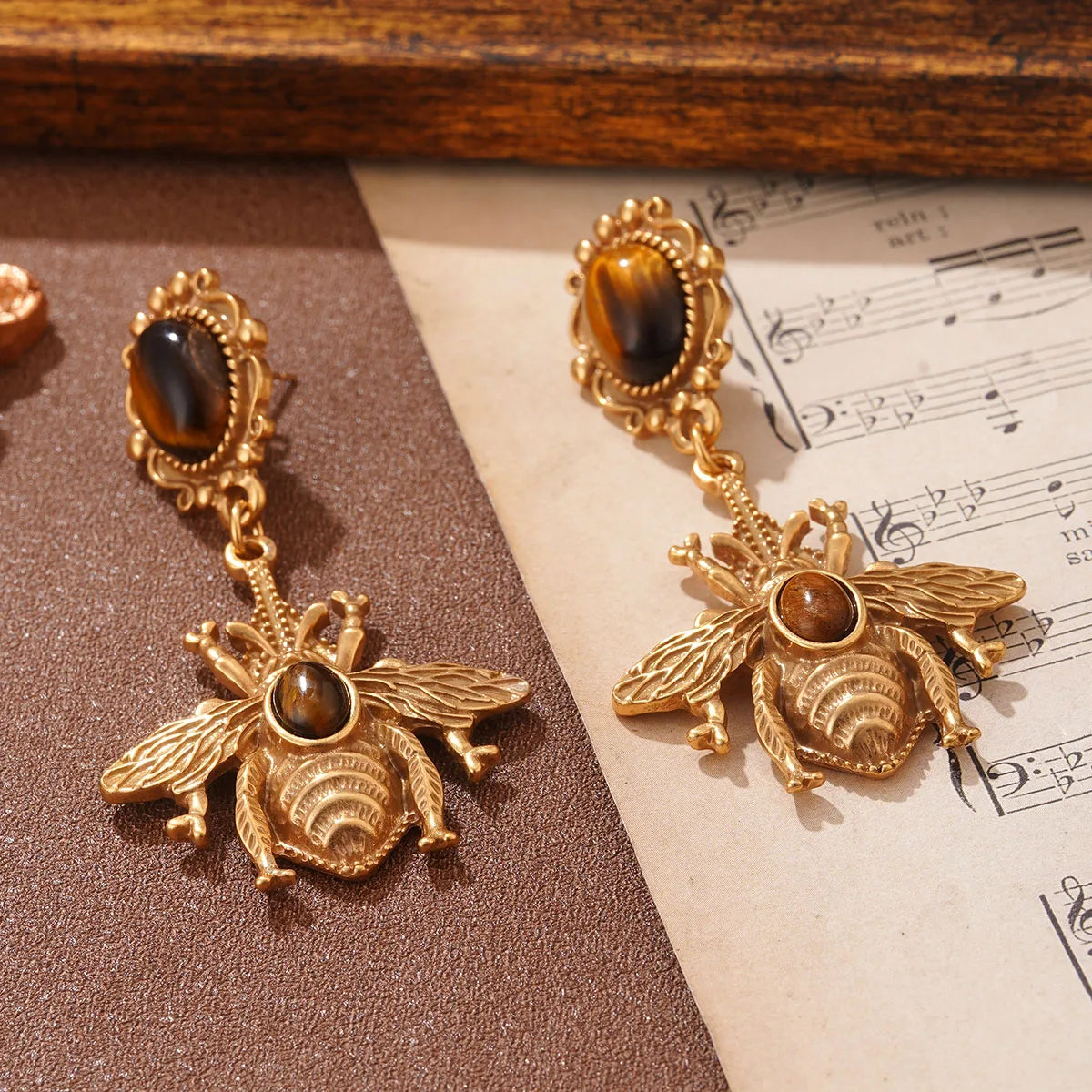 Tiger's eye bee drop earrings
