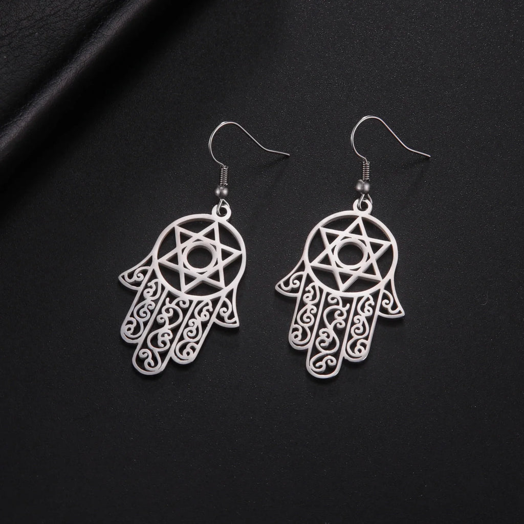 Dangling earrings with the Jewish protection symbol Fatma's hand and Star of David silver