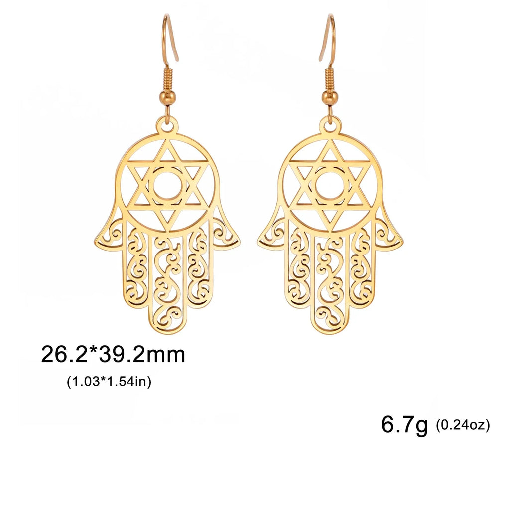 Dangling earrings with the Jewish protection symbol Fatma's hand and Star of David 