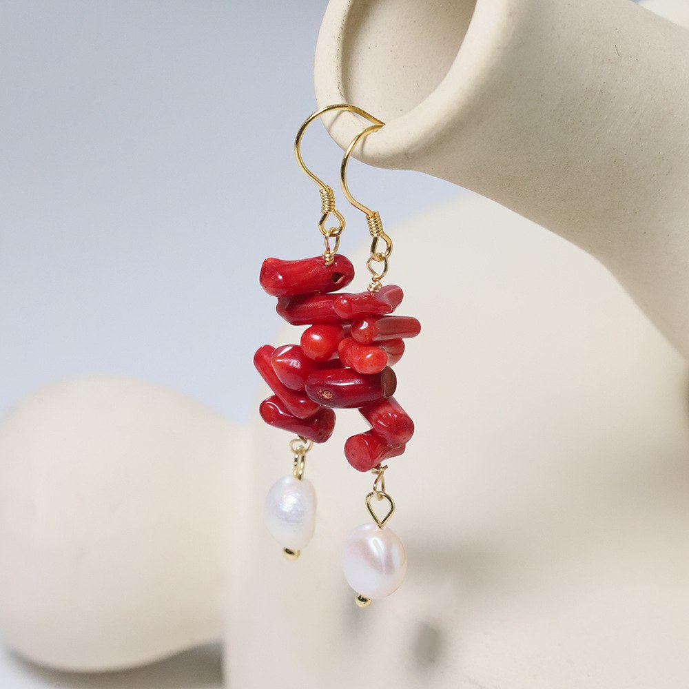 Orecchini Pendenti Corallo con Perle 