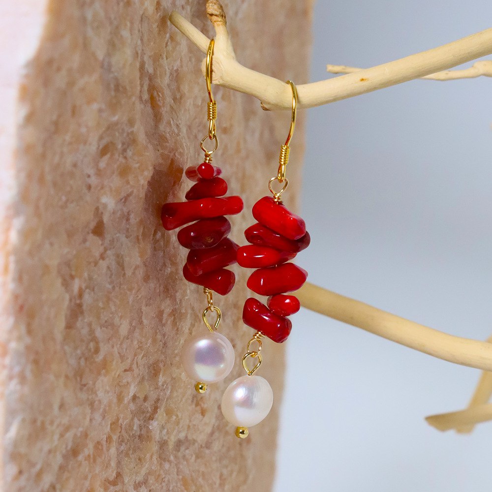 Orecchini Pendenti Corallo con Perle 